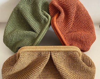 Crochet Raffia Pouch Clutch Purse | Handmade Gift | Straw Beach Bag | Tote Bag
