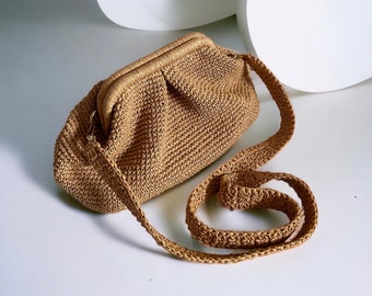 Gehaakte Raffia zakje clutch tas | Kleine Crossbody draagtas | Stro geweven strandtas | Natuurlijke papieren touwtas