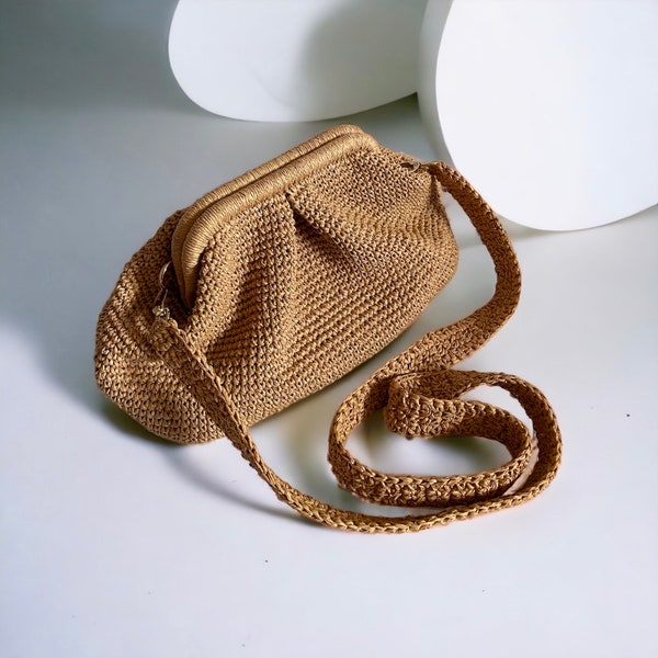 Crochet Raffia Pouch Clutch Bag | Small Crossbody Tote Bag | Straw Woven Beach Bag | Natural Paper Rope Bag
