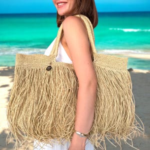 Gehäkelte Bast Einkaufstasche | Stroh Fransen Strand gewebte Umhängetasche | Übergroße Boho Sommer Tasche