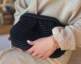 Black Metallic Leather Pouch Clutch Bag , Evening Woven Bag, Crochet Clutch Bag , Handmade Luxury Bag