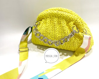 Neon gele Raffia Cloud Bag, buideltas, rieten strand clutch, party handtas, geweven knoedel tas, Moederdag cadeau, handgemaakte clutches tas