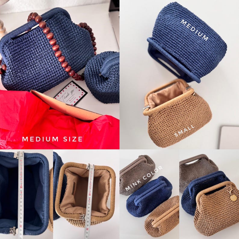 May include: A collection of handmade crochet handbags in various sizes and colors. The bags feature a textured weave, wooden bead handles, and a clasp closure. The image includes a navy blue bag, a tan bag, and a bag in a mink color. The text "MEDIUM SIZE" is visible.