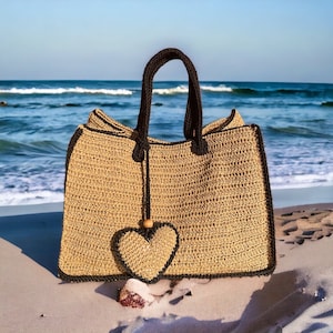 Crochet Raffia Tote Bag | Straw Summer Beach Woven Shoulder and Crossbody Bag
