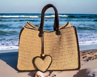 Crochet Raffia Tote Bag | Straw Summer Beach Woven Shoulder and Crossbody Bag