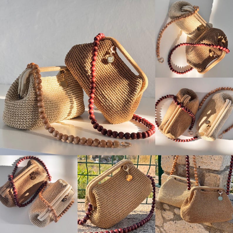 May include: A collection of handmade crochet handbags in various shades of beige and brown. The bags feature wooden handles and beaded straps in complementary colors. Some bags have a small charm attached. The bags are displayed in a well-lit setting.