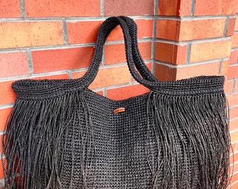 Crochet Raffia Tote Bag | Straw Fringed Beach Woven Shoulder  Bag | Boho Black XLARGE Bag