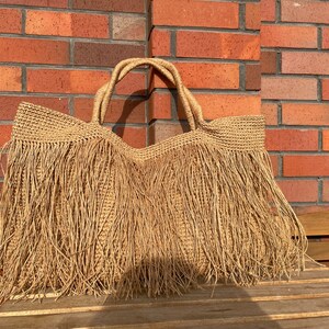 Crochet Raffia Tote Bag Straw Fringed Beach Woven Shoulder Bag Boho XLARGE Bag image 5