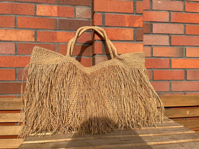 Crochet Raffia Tote Bag Straw Fringed Beach Woven Shoulder Bag Boho XLARGE Bag image 5