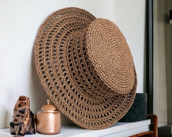 Chapeau seau en crochet fait main marron | Chapeau Raphia | Coiffe d'été | Chapeau d'été | Chapeaux en raphia naturel | Chapeau bob en paille