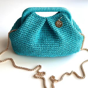 Türkis häkeln Raffia Top Griff Clutch Taschen - Stroh Kette Riemen Beutel - Boho Strand Geldbörse handgemachte Geschenkidee