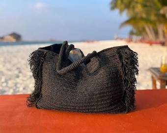 Stroh Strand Umhängetasche | Gehäkelte große Einkaufstasche aus gewebtem Raffia | Sommer Tasche