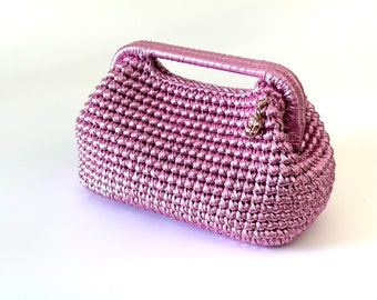 Pink Woven Metallic Raffia Leather Pouch Clutch Bag | Evening Wedding Clutch Bag | Gift For Her