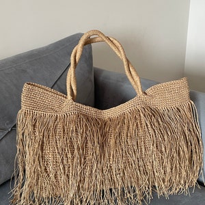 Crochet Raffia Tote Bag Straw Fringed Beach Woven Shoulder Bag Boho XLARGE Bag image 8