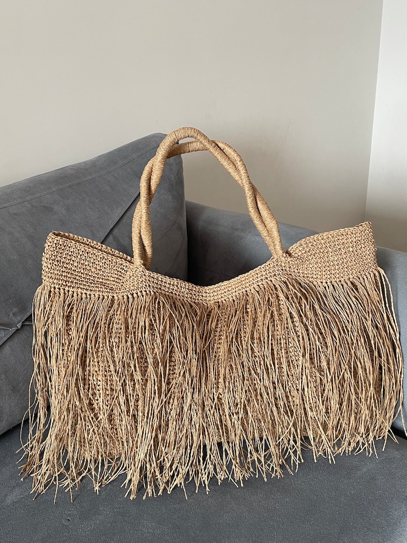 Crochet Raffia Tote Bag Straw Fringed Beach Woven Shoulder Bag Boho XLARGE Bag image 8