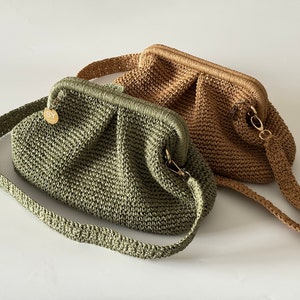 Borsa a tracolla con pochette in rafia all'uncinetto / Borsa da spiaggia in paglia intrecciata / Borsa in corda di carta naturale