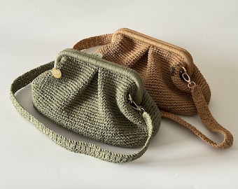 Bolso bandolera de embrague de bolsa de rafia de ganchillo / bolso de mano de playa tejido de paja / bolso de cuerda de papel natural