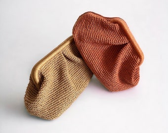 Terracotta Crochet Raffia Pouch Clutch Bag |  Straw Summer Beach Bag | Woven Cloud Bag
