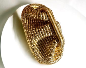 Gold Crochet Clutch: Metallic Raffia Woven Pouch, Vegan Leather