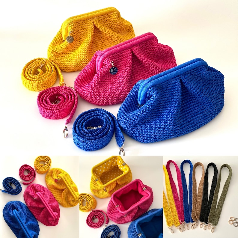 May include: Three crocheted handbags in yellow, pink, and blue with matching crocheted straps. The handbags are made with a textured, gathered fabric.