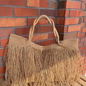 Crochet Raffia Tote Bag Straw Fringed Beach Woven Shoulder Bag Boho XLARGE Bag image 9