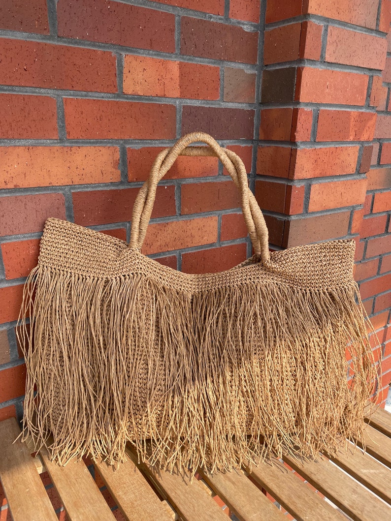 Crochet Raffia Tote Bag Straw Fringed Beach Woven Shoulder Bag Boho XLARGE Bag image 9