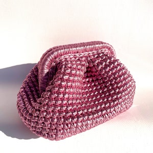 Handmade Metallic Leather Pouch Small , Crochet Evening Bag , Pink Mini Tote Bag , Womens Clutch Purse image 3