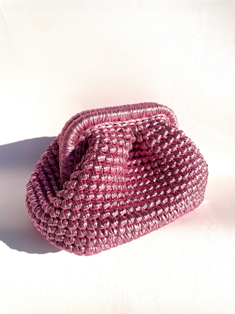 Handmade Metallic Leather Pouch Small , Crochet Evening Bag , Pink Mini Tote Bag , Womens Clutch Purse image 3