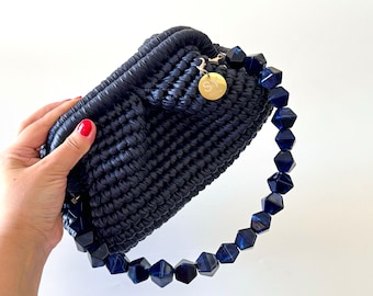 Crochet Vegan Leather Pouch Bag | Evening Wedding Clutch Purse | Handmade Gift | Navy Blue