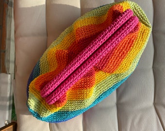 Colorful Stripes Raffia Woven Pouch Clutch Bag | Rainbow Straw Beach Clutch Purse | Handmade Gift