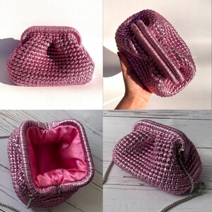 Handmade Metallic Leather Pouch Small , Crochet Evening Bag , Pink Mini Tote Bag , Womens Clutch Purse image 6