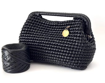 Schwarze häkeln gewebte Leder Top Griff Clutch Bag - Handgemachte Abendtasche