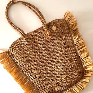 Boho Raffia Tote Bag: Handmade Woven Fringe Shoulder Bag
