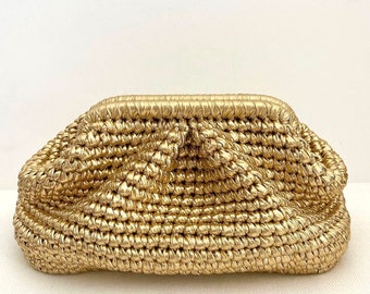 Gold Metallic Woven Pouch Clutch Bag, Evening Knitting Bag, Handmade Crochet Clutch Bag, Wedding Clutch