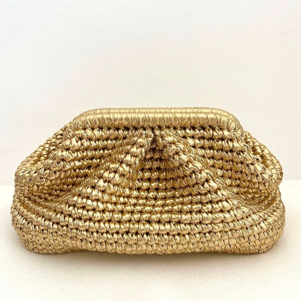 Gold Metallic Woven Pouch Clutch Bag, Evening Knitting Bag, Handmade Crochet Clutch Bag, Wedding Clutch