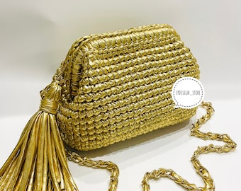 GOLD Leather Crossbody | Handbag, Handmade luxury bag, Metallic Bag,Bridesmaid Clutch, Crochet Evening Bag