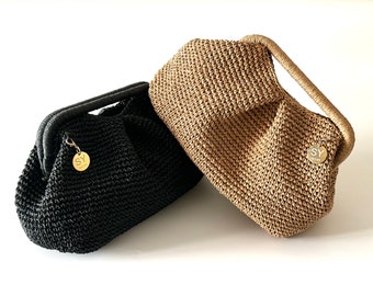 Crochet Raffia Top Handle Pouch Clutch Hand Bag | Crochet Tote Straw Bag | Woven Beach Clutch | Handmade Gift