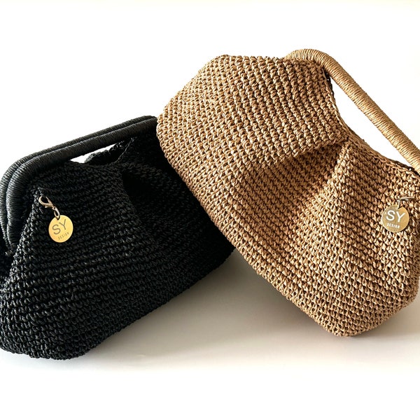 Crochet Raffia Top Handle Pouch Clutch Hand Bag | Crochet Tote Straw Bag | Woven Beach Clutch | Handmade Gift