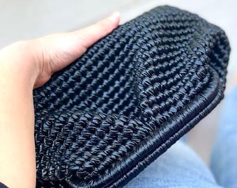 Black Leather Bag , Evening Knitted Pouch Bag, Crochet Leather Clutch ,Womens Handbag, Black Tote Bag, Personalized Pouch, Crochet Purse