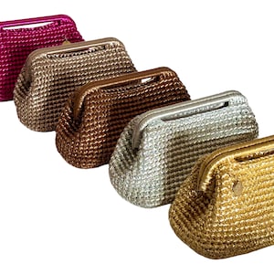 Woven Metallic Raffia Pouch Clutch Bag | Wedding Bridesmaid Crochet Clutch | Evening Vegan Leather Top Handle Clutch Bag