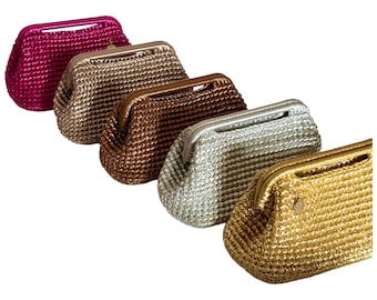 Woven Metallic Raffia Pouch Clutch Bag | Wedding Bridesmaid Crochet Clutch | Evening Vegan Leather Top Handle Clutch Bag