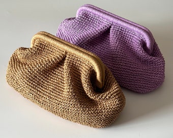 Crochet Straw Clutch Purse | Woven Raffia Beach Wedding Bag | Natural Cloud Pouch Bag | Handmade Gift