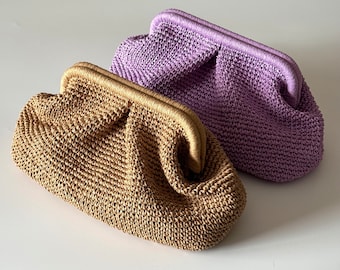 Crochet Straw Clutch Purse: Woven Raffia Beach Wedding Bag