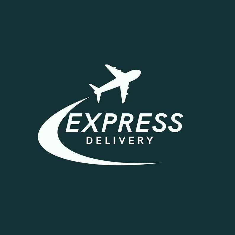 K&ouml;nnte beinhalten: Ein wei&szlig;es grafisches Logo auf dunkelblaugr&uuml;nem Hintergrund mit der stilisierten Silhouette eines Flugzeugs, das nach oben gerichtet ist. Unter dem Flugzeug steht der Text EXPRESS in fetter, wei&szlig;er serifenloser Schrift, darunter DELIVERY.