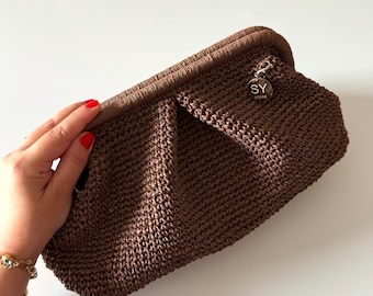 Crochet Straw Clutch Purse | Woven Raffia Beach Wedding Bag | Brown Cloud Pouch Bag | Handmade Gift