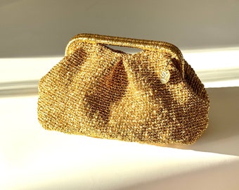 Crochet Raffia Top Handle Clutch: Gold Metallic Woven Beach Bag