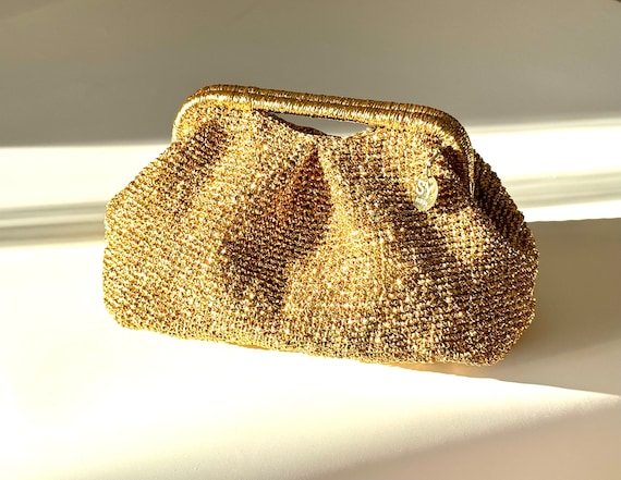 Bolso De Mano Tejido A Crochet Mostaza Con Asas Doradas Estilo