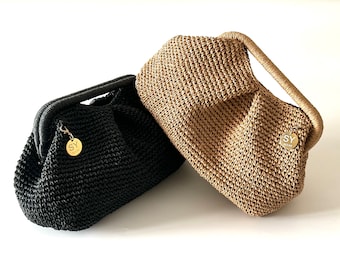 Pochette in rafia all'uncinetto con manico superiore: pochette da spiaggia intrecciata