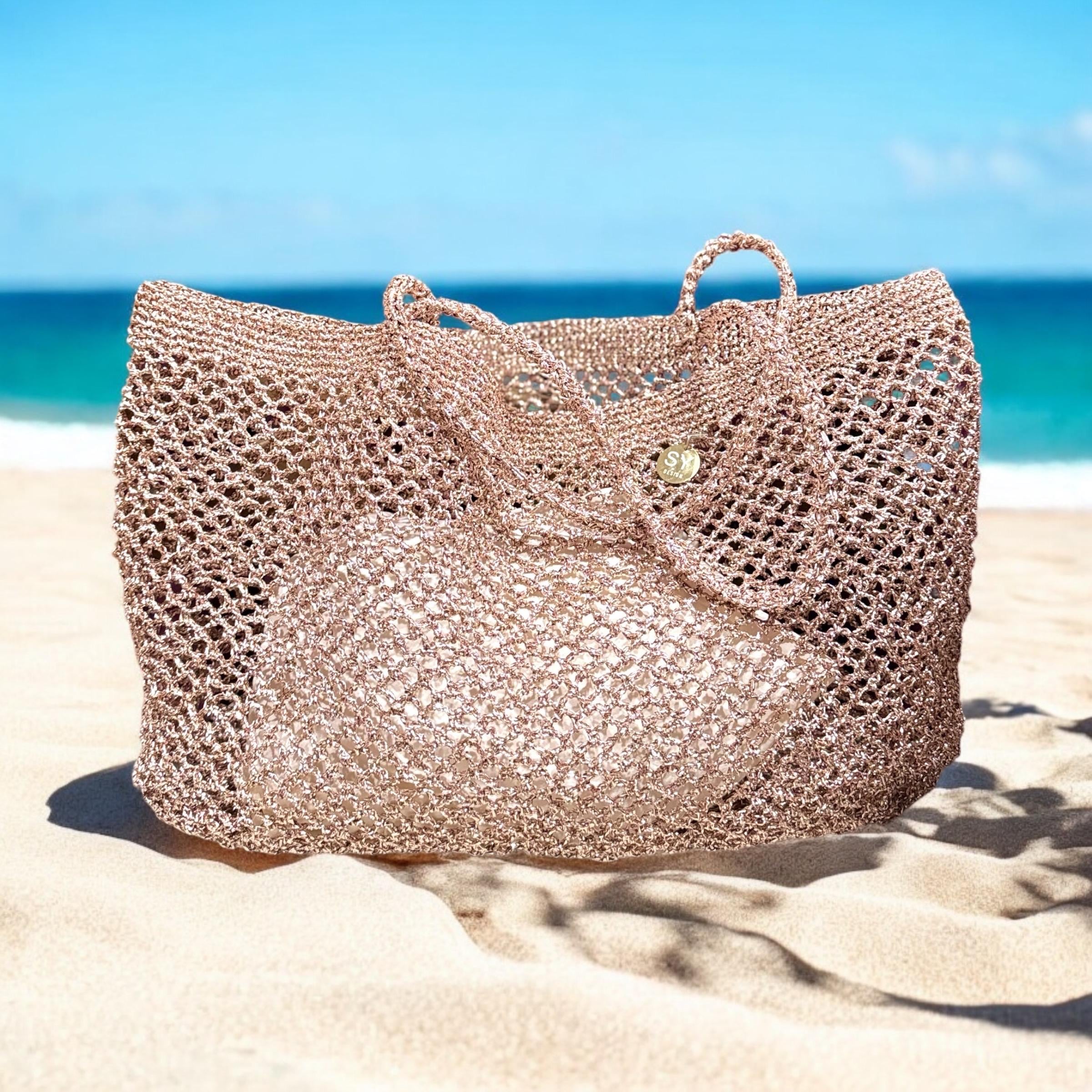 Crochet Rose Gold Metallic Raffia Tote Bag: Woven Beach Shoulder Bag