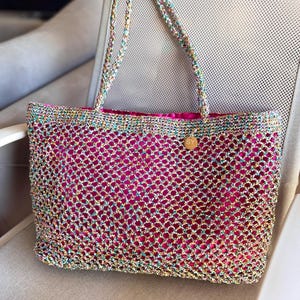 Gehäkelte Metallic Raffia Einkaufstasche | Mesh Beach Woven Umhängetasche | XL Tasche | Bunte Oversize Tasche